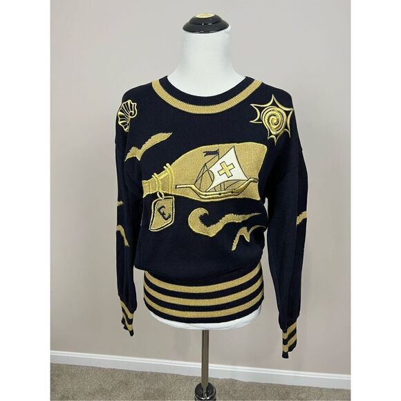 ESCADA Margaretha Ley Navy Gold Nautical Sweater Top / Size 36/ US S/ Germany - Picture 1 of 10